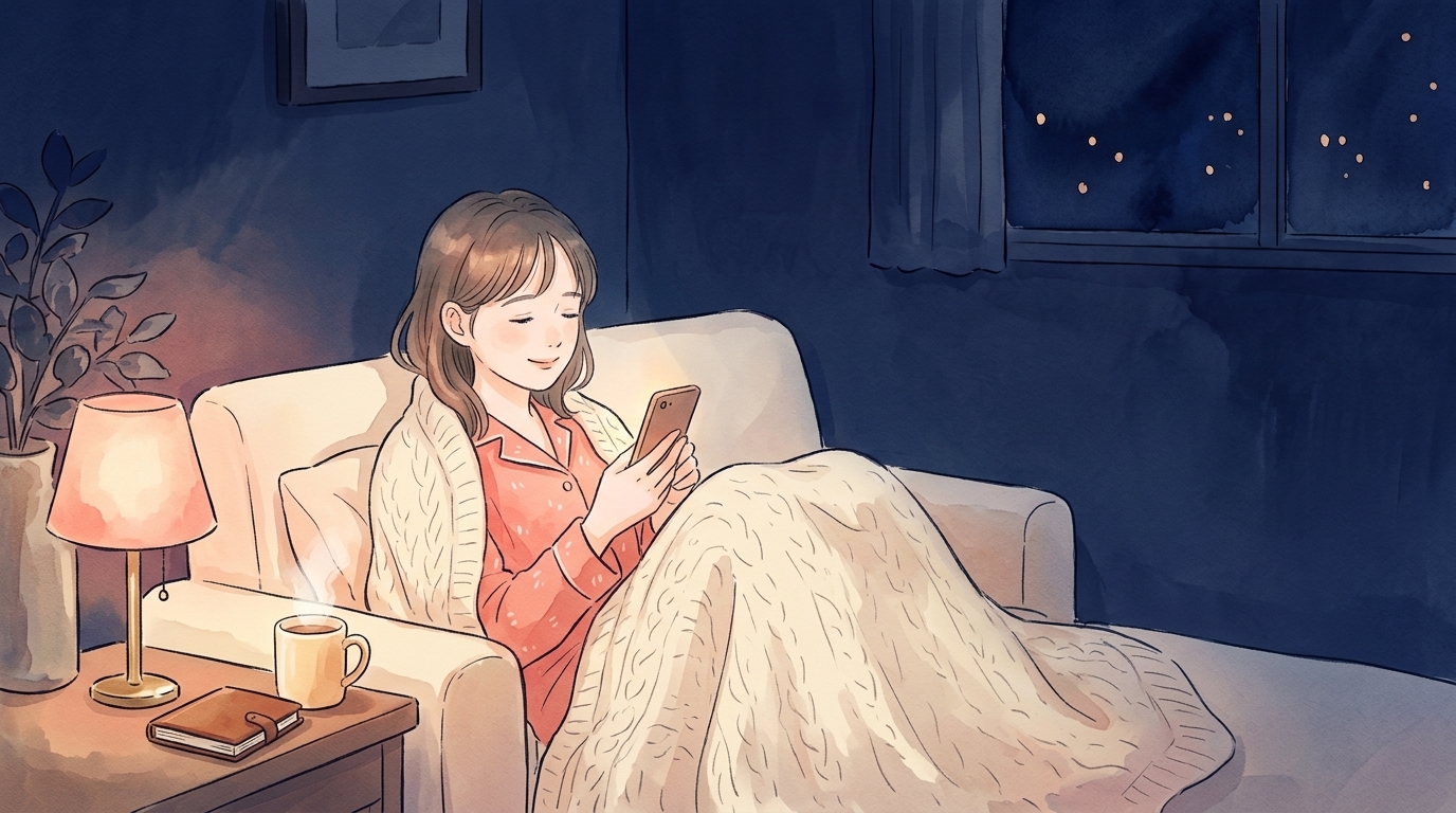 夜、ブランケットにくるまり安心した表情でスマートフォンを見る女性のイラスト
